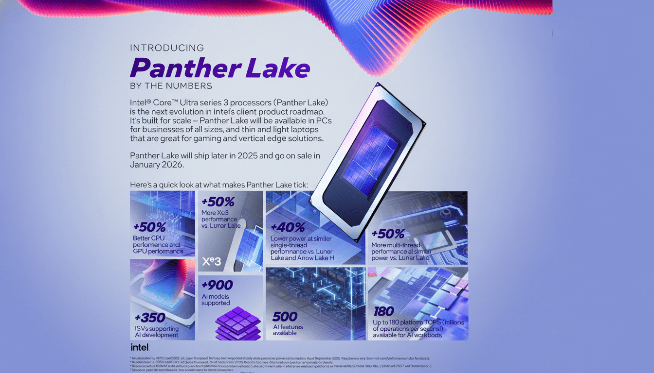 Intel Panther Lake product announcement with specifications and performance details . Filename: inte