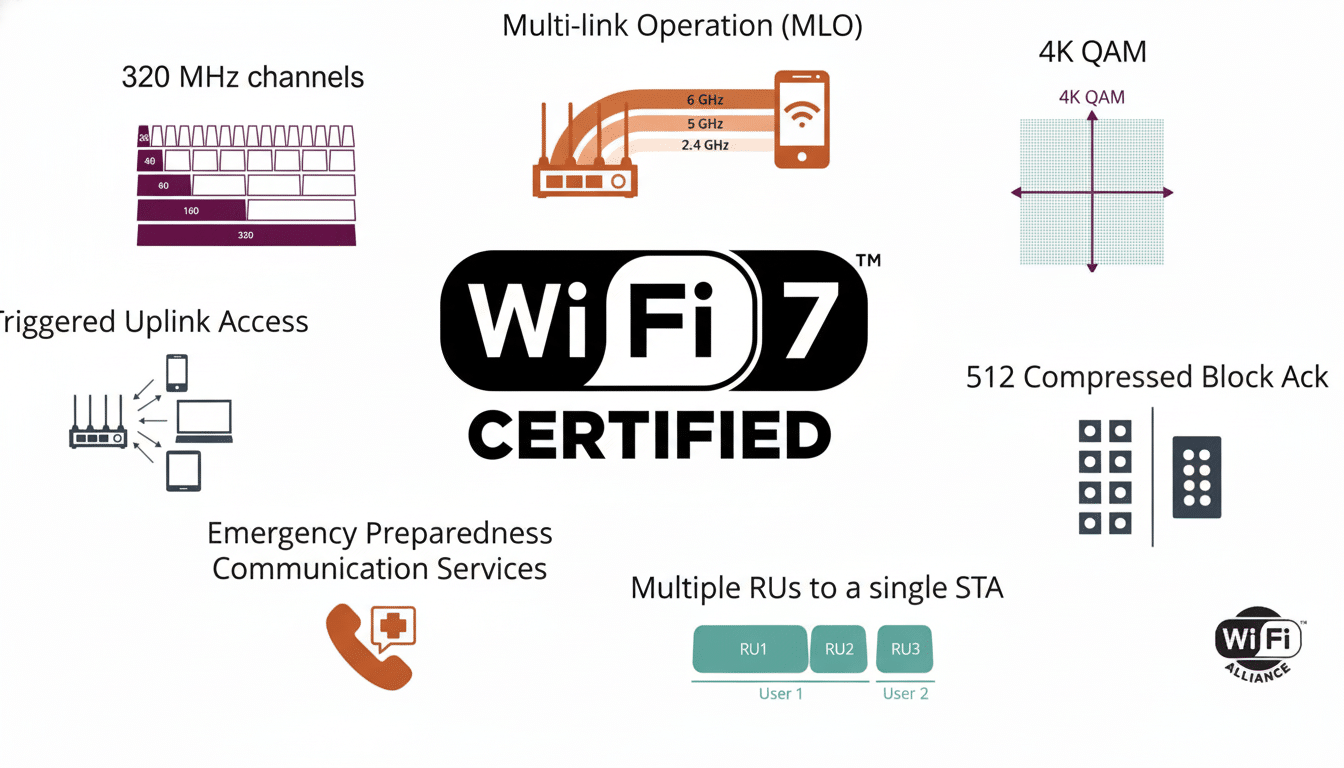 An infographic detailing Wi-Fi 7 certified features , including 3 20 MHz channels , multi-link operation ( MLO), 4K QAM , triggered uplink access , 51 2 compressed block ack , emergency preparedness communication services, and multiple RUs to a single STA.