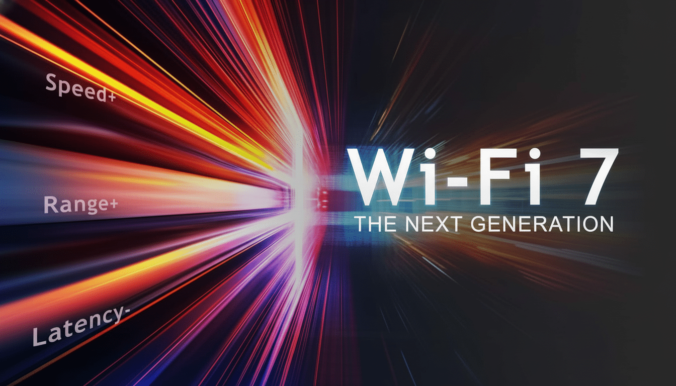 An image promoting Wi-Fi 7 with text Speed +, Range+, and Latency- on a background of colorful light streaks , resized to a 1 6:9 aspect ratio.