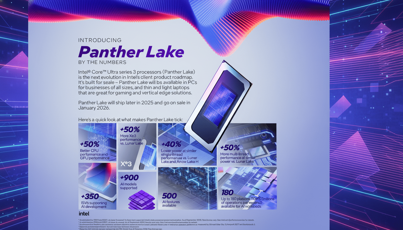 An advertisement for Intel's Panther Lake processor, highlighting its features and performance improvements with a sleek , futuristic design .