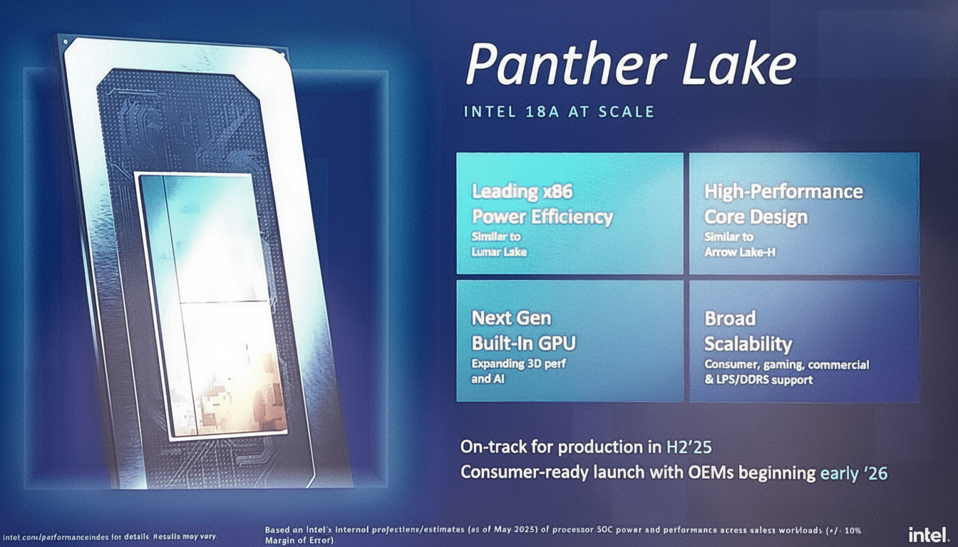 An Intel slide showcasing Panther Lake processors with features like Leading x86 Power Efficienc