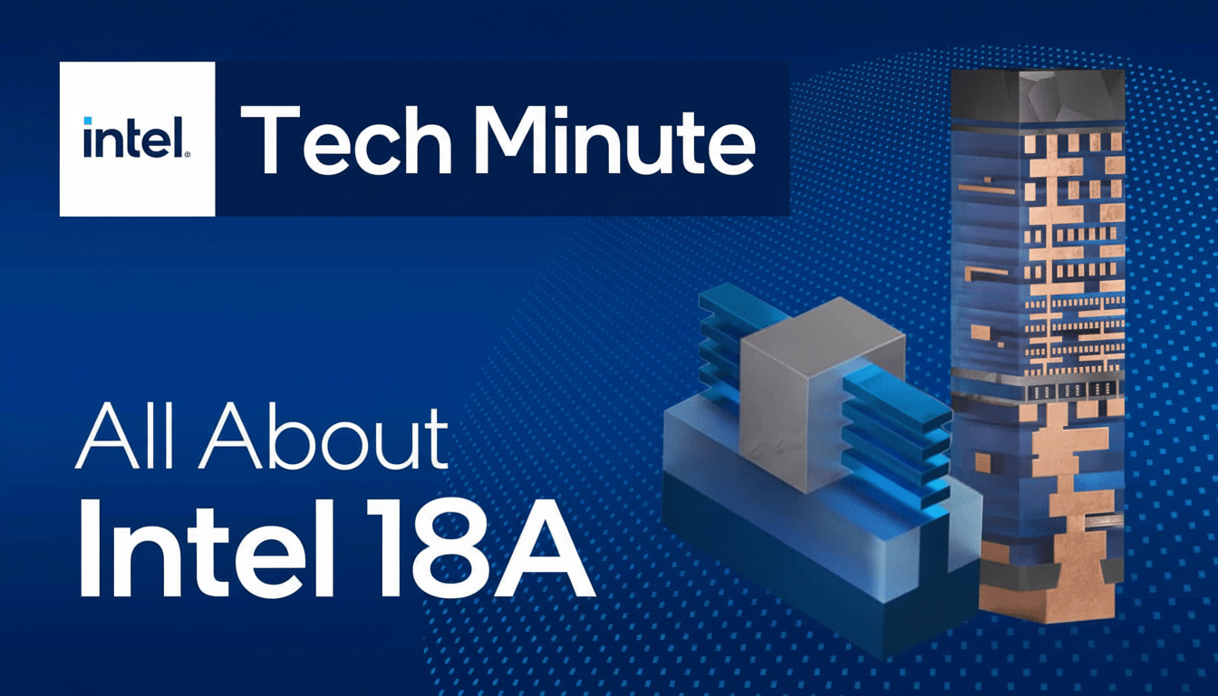 An image featuring the Intel logo and Intel Tech Minute at the top, with All About Intel 18A written in large white text on a blue background. To the right, there are stylized 3D representations of semiconductor components.