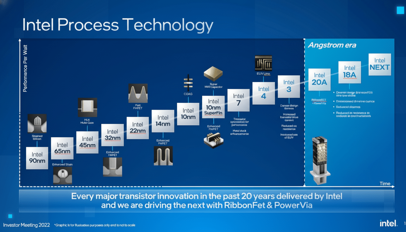 A detailed infographic illustrating Intel's process technology evolution over time, from 90nm to the Angstrom era ( Intel 20A , Intel 1 8A, and Intel NEXT), showcasing key transistor innovations and performance per watt improvements.