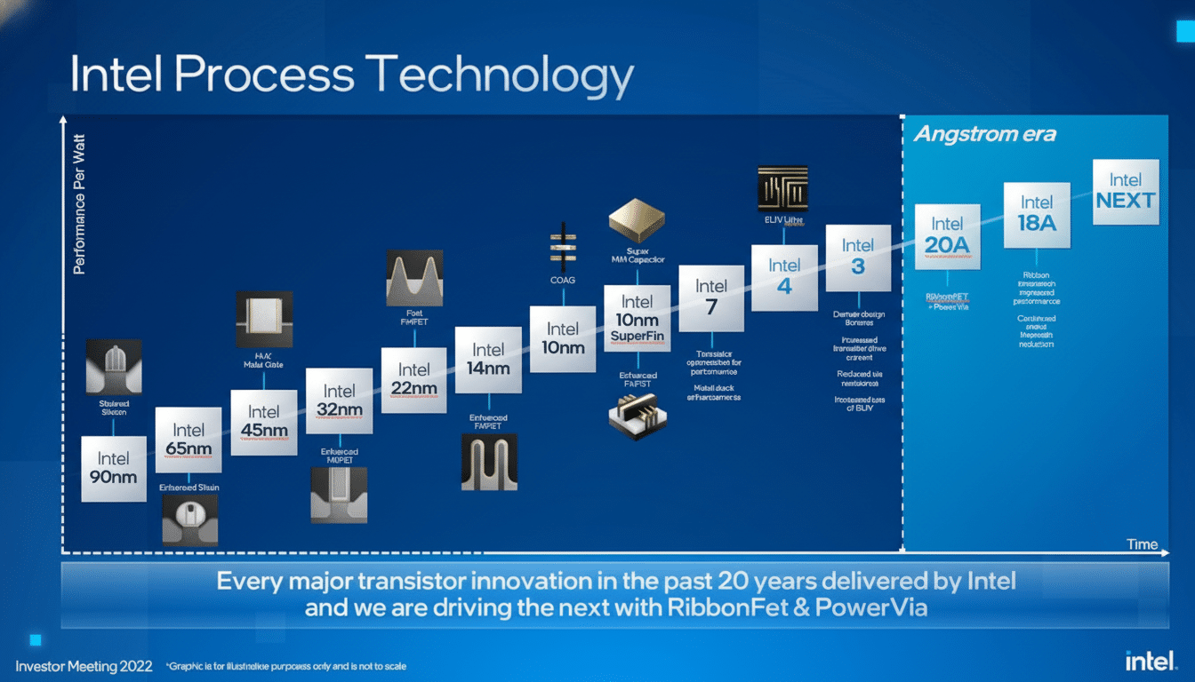 A detailed chart illustrating Intel' s process technology evolution from 90 nm to the upcoming Angstrom era ( Intel 20A , 18 A, and NEXT ), showing performance per watt improvements over time with corresponding transistor innovations.