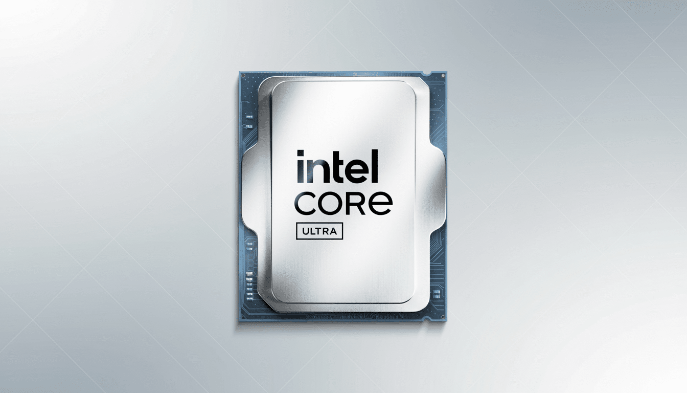 An Intel Core Ultra processor depicted on a professional light blue and gray gradient background, presented in a 16: 9 aspect ratio.