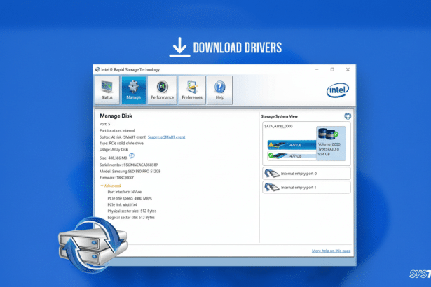 Intel Rapid Storage Technology software interface with Manage Disk tab selected, showing disk information, storage system view, DOWNLOAD DRIVERS text,