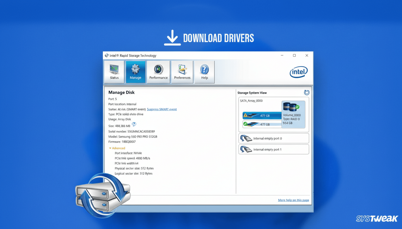 Intel Rapid Storage Technology software interface with Manage Disk tab selected, showing disk information, storage system view, DOWNLOAD DRIVERS text,