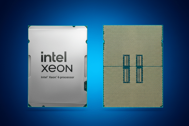 Two Intel Xeon 6 processors , one showing the top with Intel Xeon logo and the other showing the underside with pins , presented on a blue background.