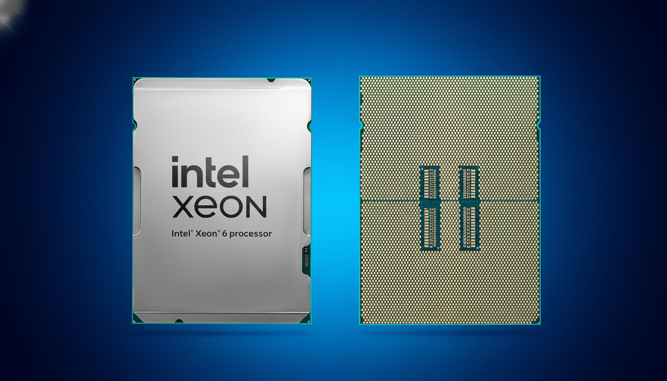 Two Intel Xeon 6 processors , one showing the top with Intel Xeon logo and the other showing the underside with pins , presented on a blue background.