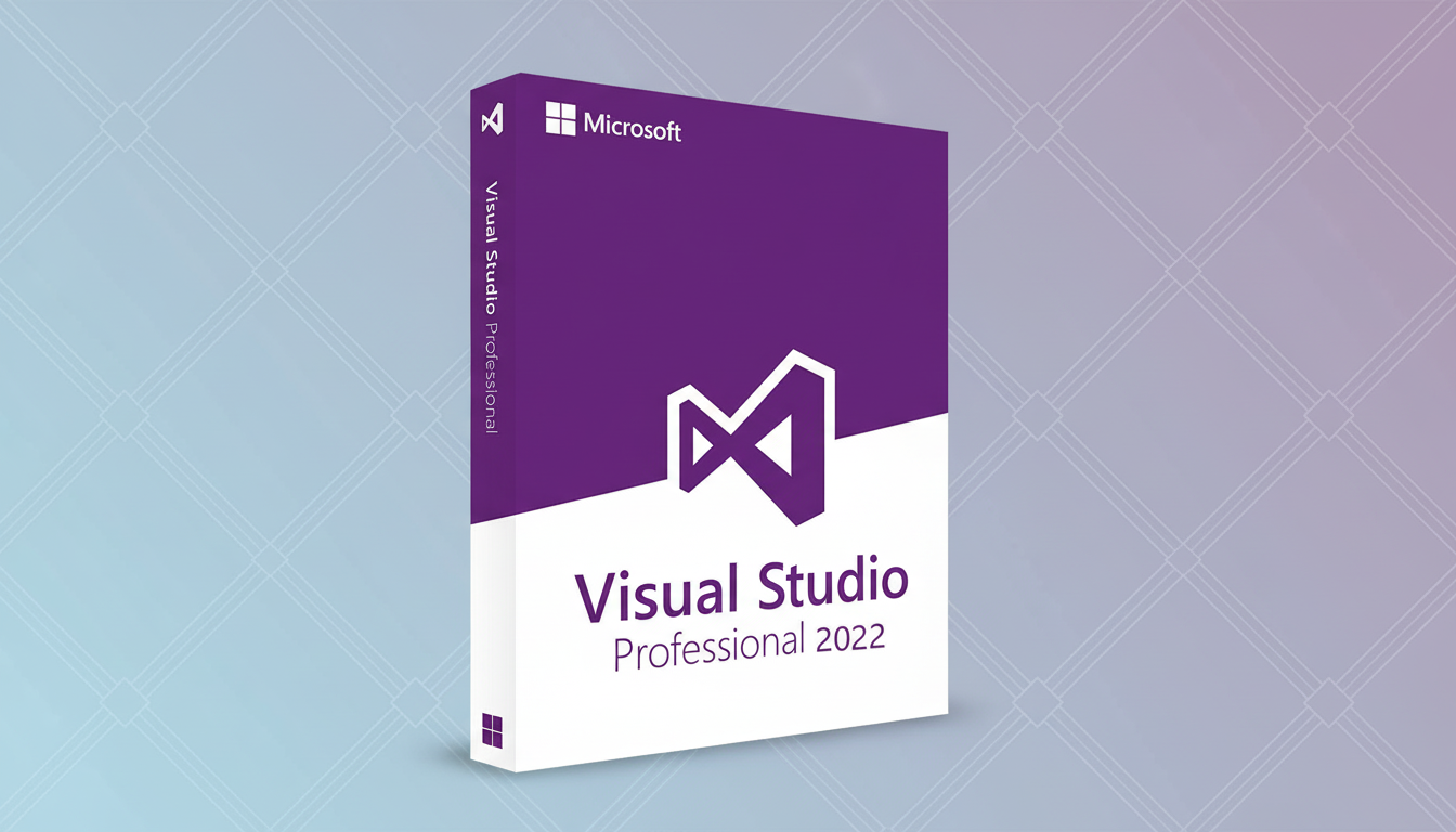 A 16:9 aspect ratio image of the Visual Studio Professional 2022 software box, set against a professional flat design background with soft patterns and gradients.