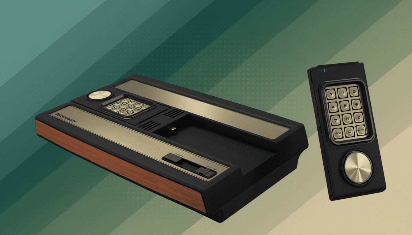 A vintage Intell ivision game console with a wooden trim and a black , gold- accent ed controller with a 12-button keypad and a circular directional disc , set against a professional flat background with soft green and beige gradient stripes and subtle halftone patterns. Filename : intelliv isionconsole controller  professional.png