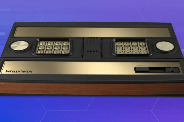 A vintage Intellivision gaming console with its original design, including gold and black accents, and wooden side panels, set against a blurred background of purple and blue hues .