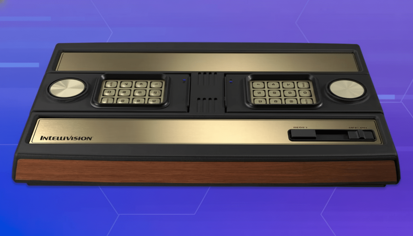 A vintage Intellivision gaming console with its original design, including gold and black accents, and wooden side panels, set against a blurred background of purple and blue hues .