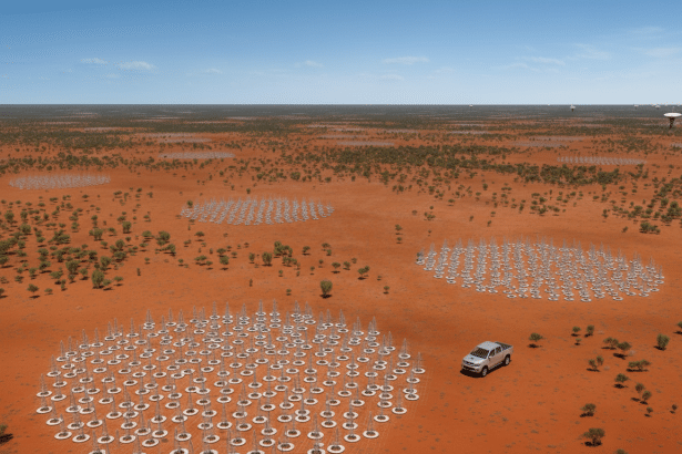 An aerial shot of a vast, red- orange desert landscape with scattered green shrubs under a clear blue sky. In the foreground and mid- ground, clusters