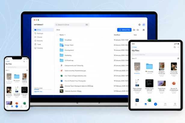 Three digital devices ( laptop , tablet, and smartphone) displaying the Intern xt cloud storage application with a file directory , resized to a 1 6:9 aspect ratio and presented on a professional flat background with soft patterns.