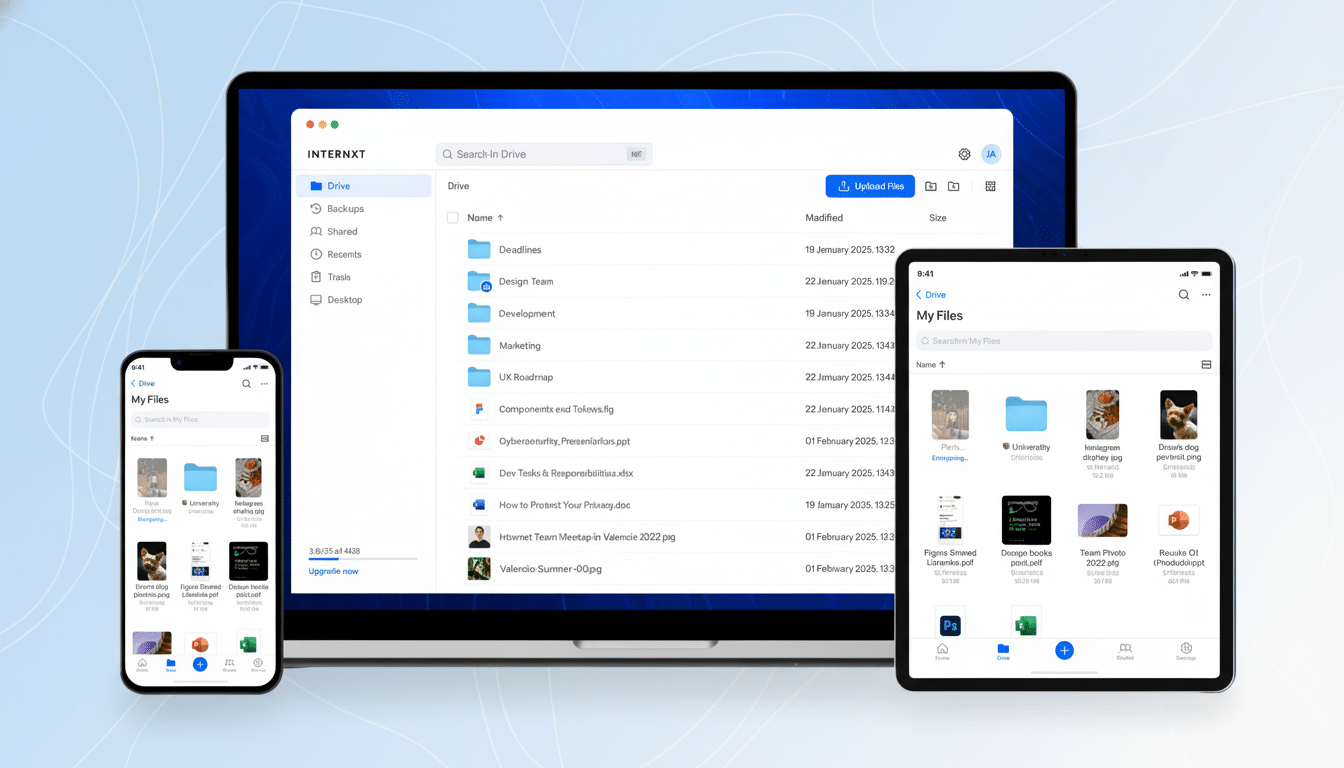 Three digital devices ( laptop , tablet, and smartphone) displaying the Intern xt cloud storage application with a file directory , resized to a 1 6:9 aspect ratio and presented on a professional flat background with soft patterns.