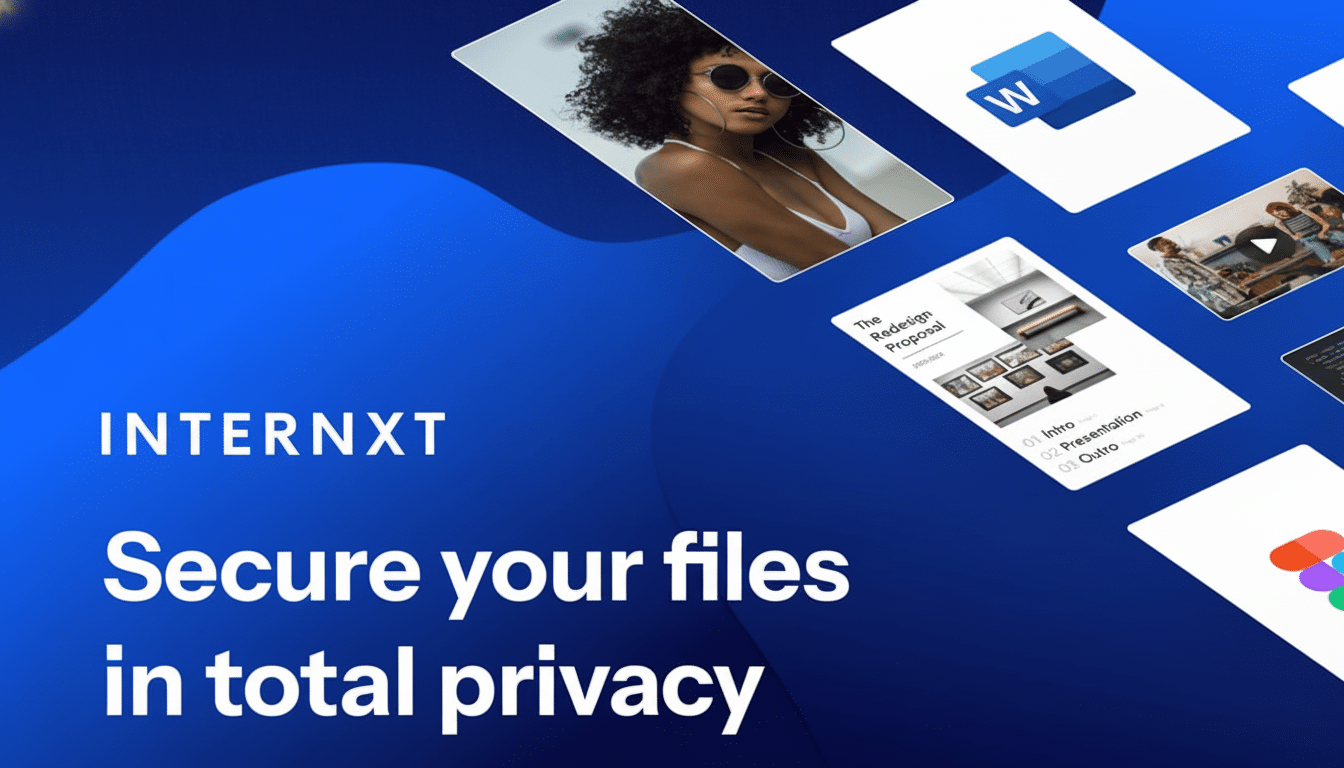 A banner for Internxt with the text Secure your files in total privacy  and several screens displaying images of a person, documents , and other applications on a blue background.