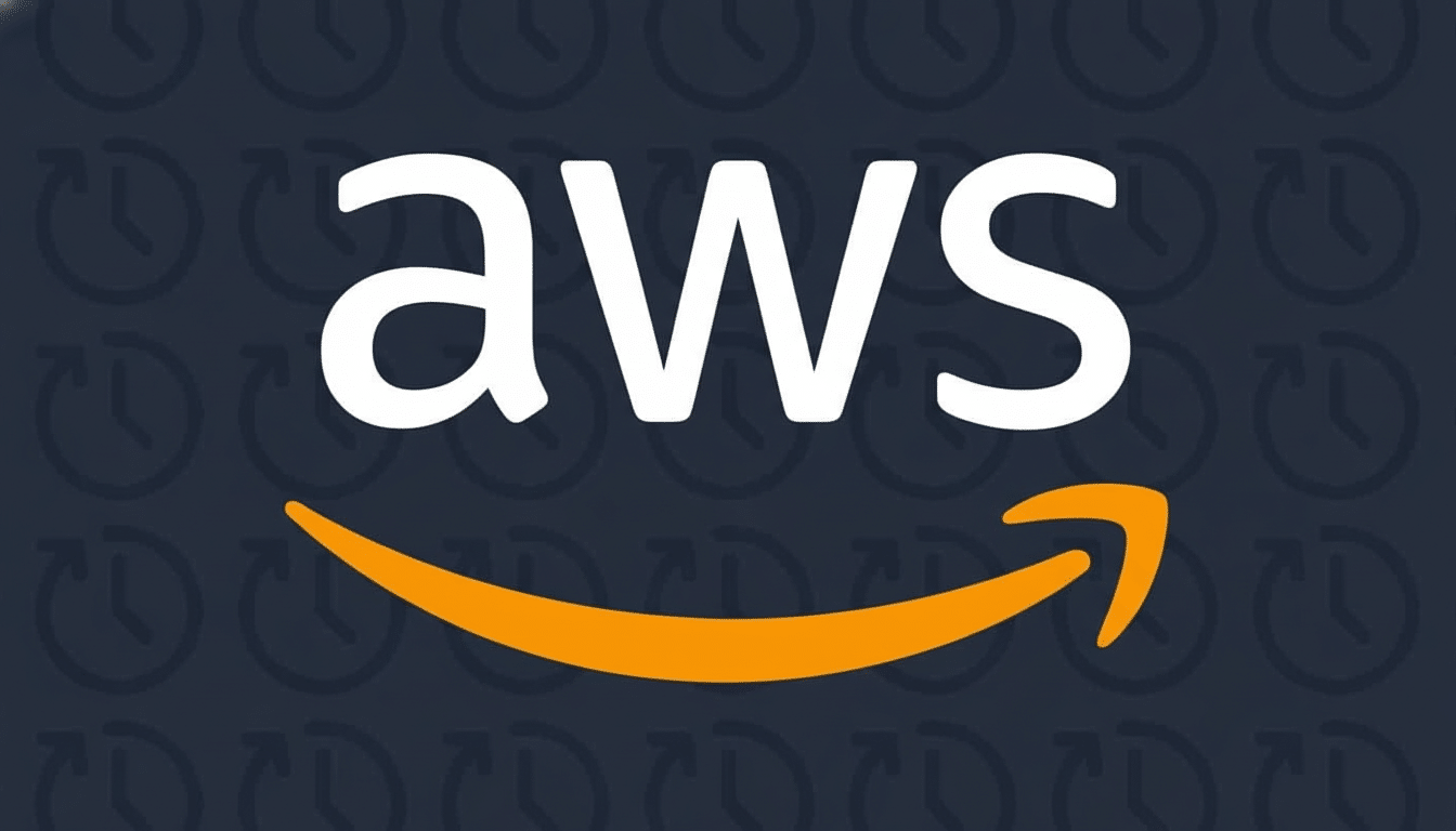 The AWS logo in white text above an orange Amazon smile icon , set against a dark blue background with faint repeating clock icons .