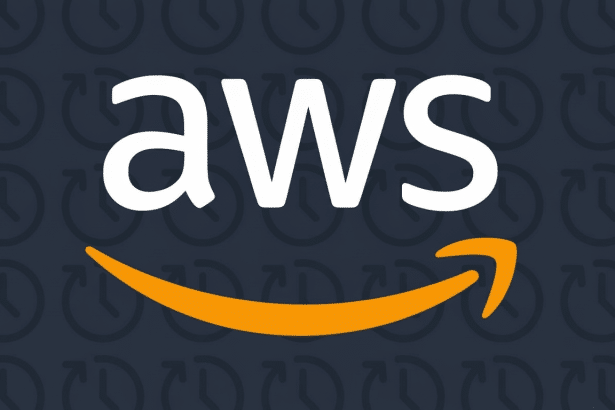 The AWS logo in white text with an orange smile underneath , set against a dark blue background with faint clock icons .