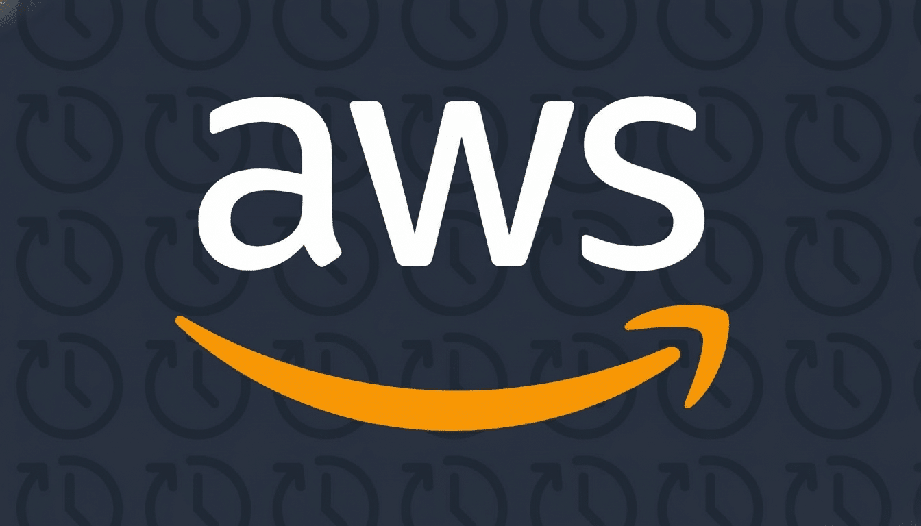 The AWS logo in white text with an orange smile underneath , set against a dark blue background with faint clock icons .