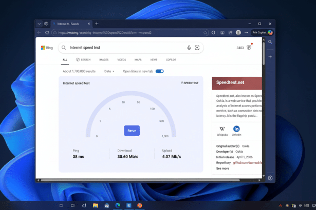 A web browser displaying an internet speed test result, showing a download speed of 3 0.60 Mb /s, an upload speed of 4.0 7 Mb/s, and a ping of 38 ms.