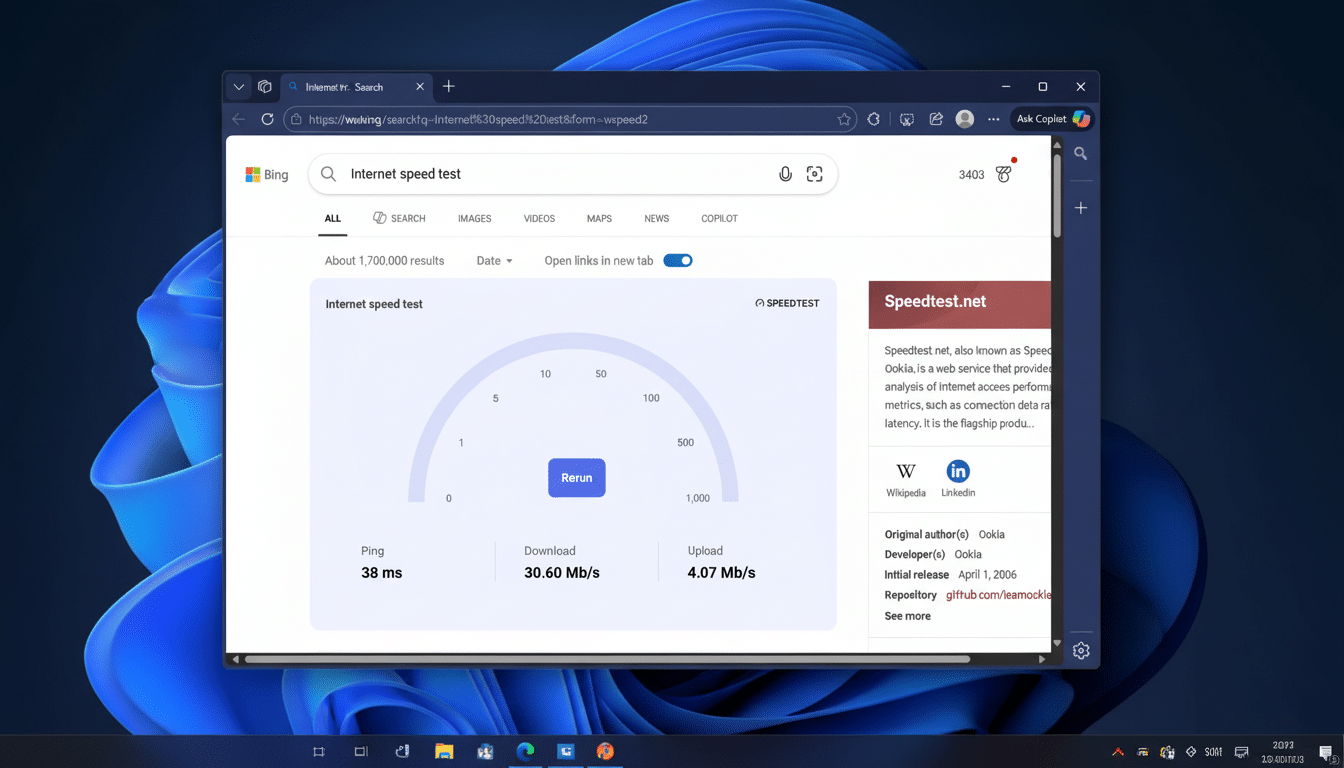 A web browser displaying an internet speed test result, showing a download speed of 3 0.60 Mb /s, an upload speed of 4.0 7 Mb/s, and a ping of 38 ms.