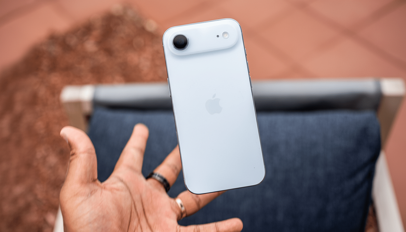 A hand holding a light blue smartphone with an Apple logo on the back, shown outdoors at a 16: 9 aspect ratio.