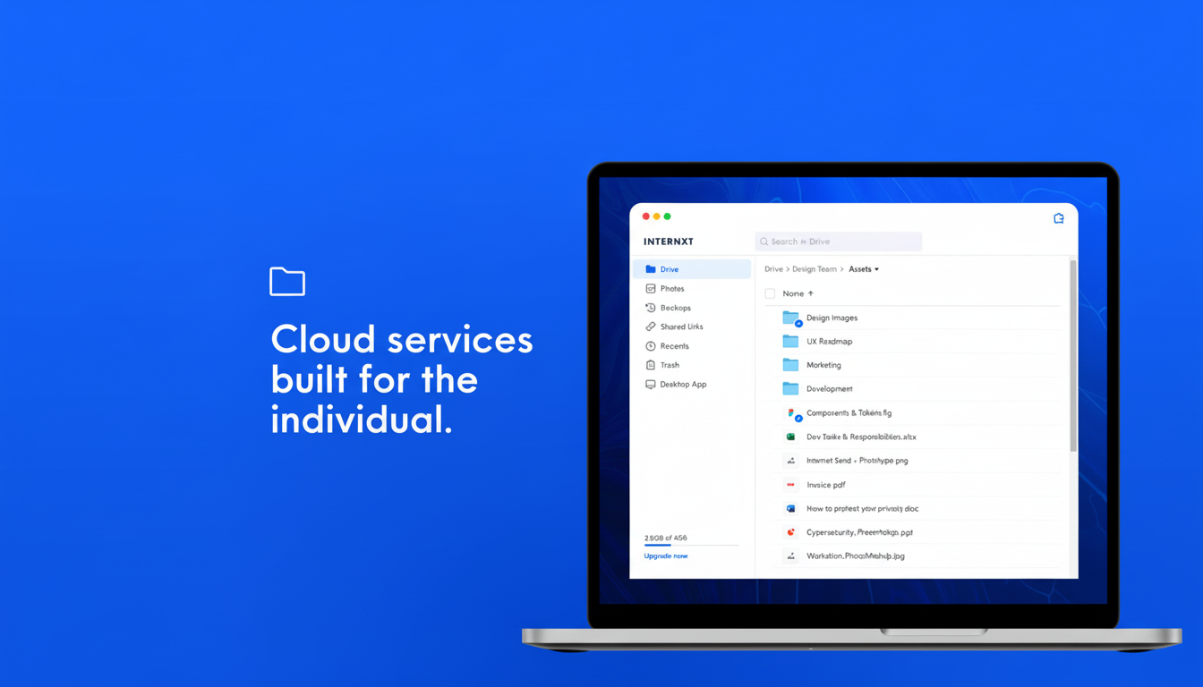 A laptop displaying the Internxt cloud service interface, with the text Cloud services built for the individual on a blue background.