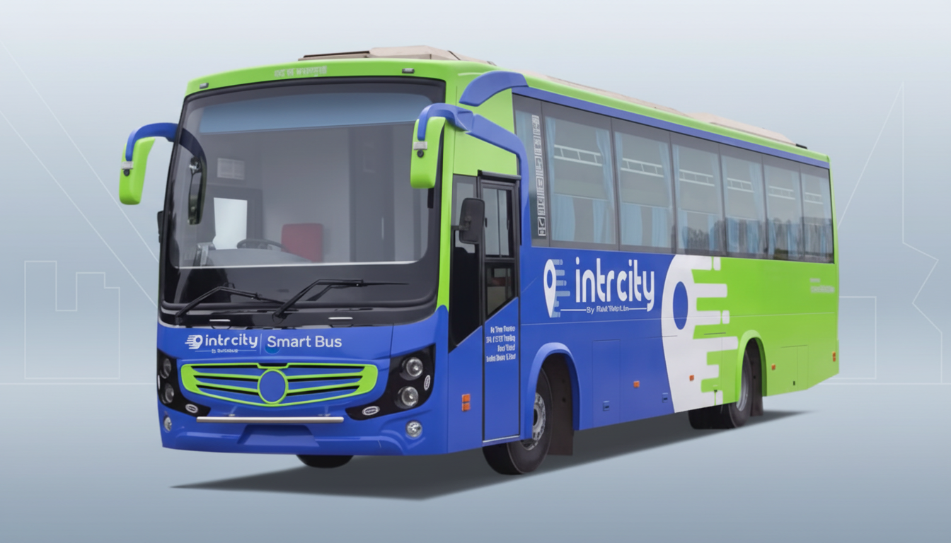 A blue and green Intrcity Smart Bus is shown at a slight angle, with a professional flat design background featuring soft patterns and gradients.
