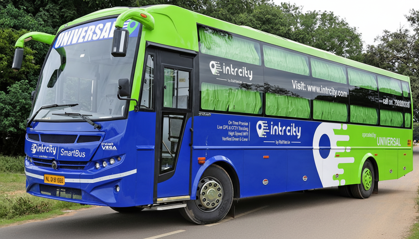 A blue and green Intrcity SmartBus parked on a road with trees in the background, resized to a 16:9 aspect ratio.