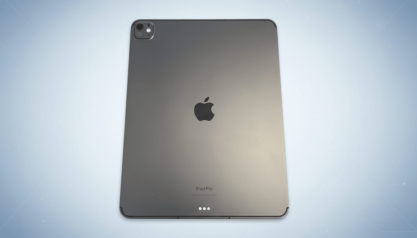An enhanced, professional image of a Space Gray iPad Pro ( back view ) on a soft, light blue gradient background with subtle geometric patterns.