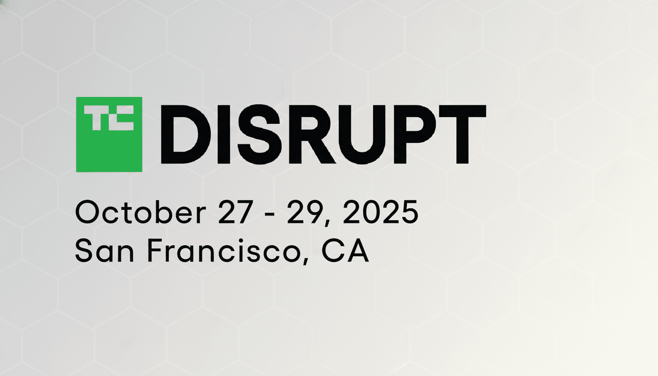 Tech Crunch Disrupt event banner with a subtle hexagonal pattern background . The text TC DISRUPT is prominent with October 27 - 29 , 20 25 and San Francisco, CA below it .