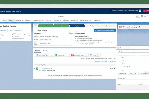 A professional screenshot of a CRM software interface with Mr. David Ad elson (Sample) contact details and an N ouveau événement ( New Event) pop -up open . The interface shows various tabs like Sales , Leads, Accounts , Contacts , Opportunities, and Campaigns , with data presented in a clean, organized manner.
