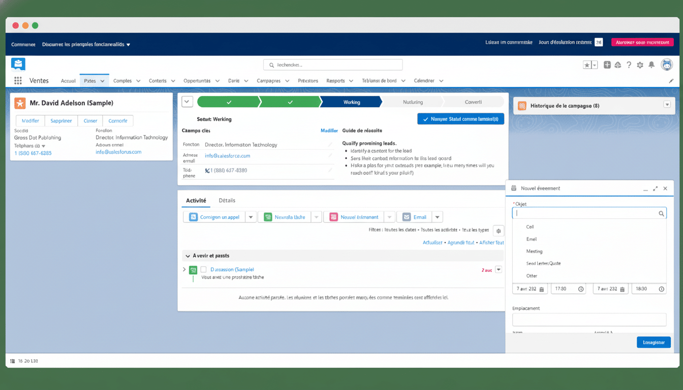 A professional screenshot of a CRM software interface with Mr. David Ad elson (Sample) contact details and an N ouveau événement ( New Event) pop -up open . The interface shows various tabs like Sales , Leads, Accounts , Contacts , Opportunities, and Campaigns , with data presented in a clean, organized manner.