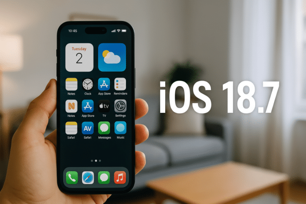 A hand holding an iPhone displaying the iOS 1 8.7 home screen, with various app icons, set against a blurred indoor background. Filename : ios1 87 iphone . png