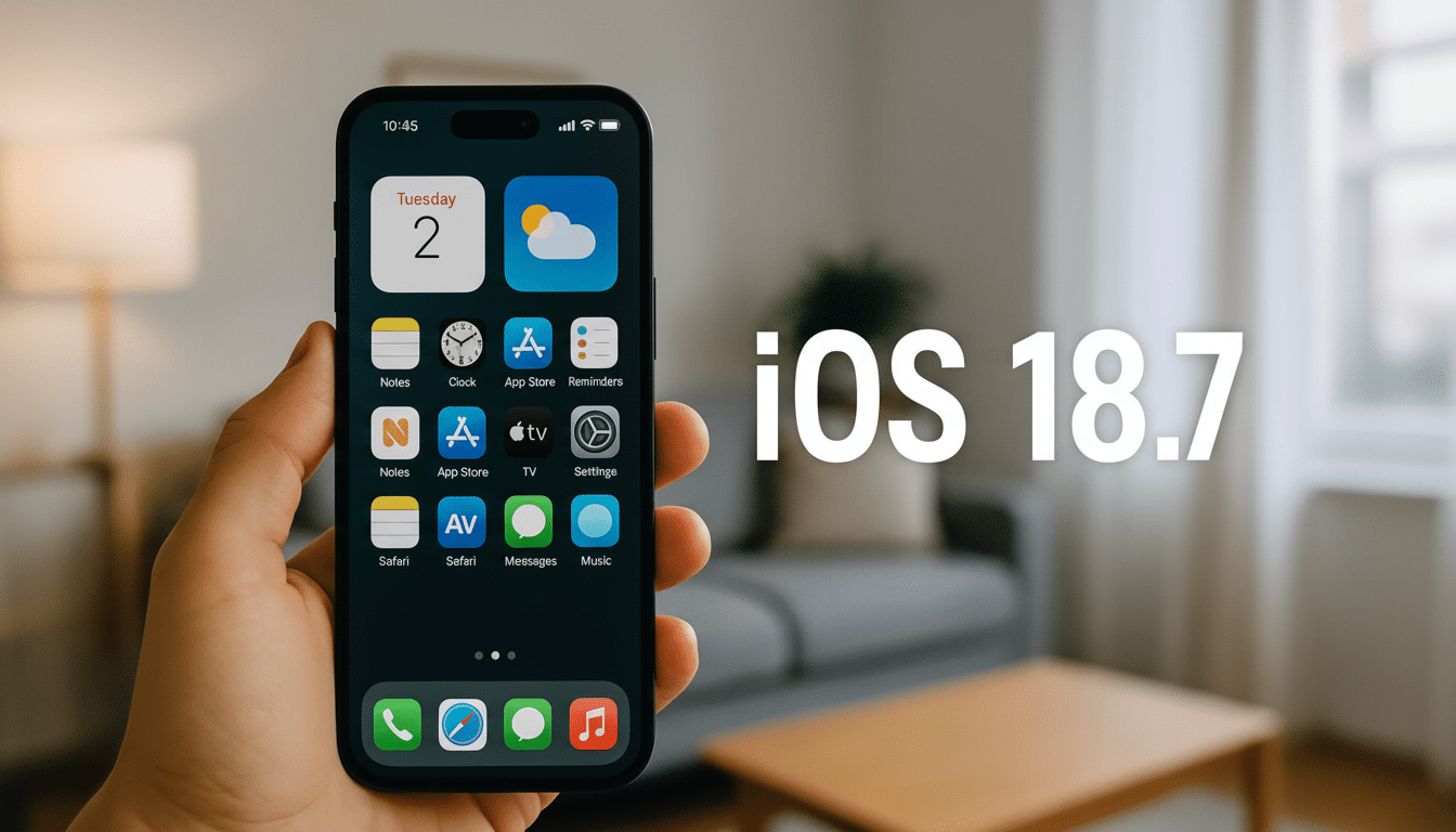 A hand holding an iPhone displaying the iOS 1 8.7 home screen, with various app icons, set against a blurred indoor background. Filename : ios1 87 iphone . png