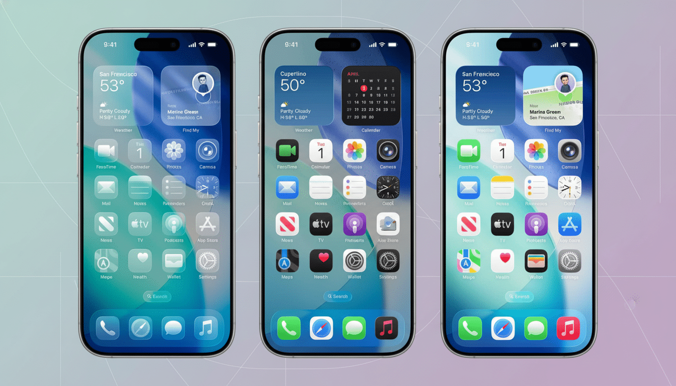 Three iPhones displaying different home screen layouts with various app icons and widgets .