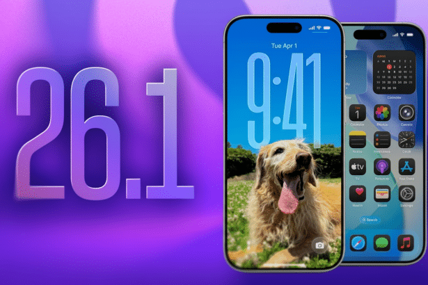 An image featuring a 2 6.1 logo and two iPhones with a dog wallpaper and app icons.