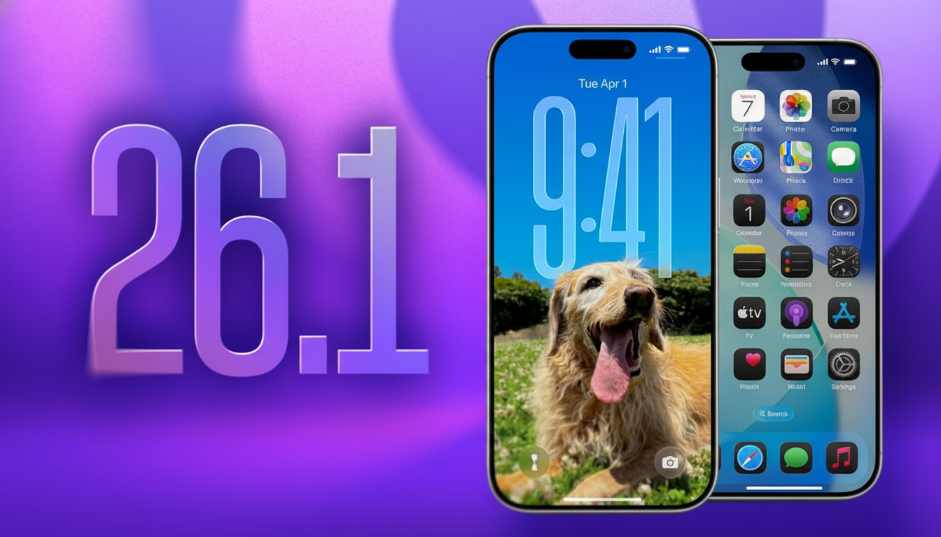 Two iPhones displaying different screens, with the number 26.1 prominently featured on a purple background.