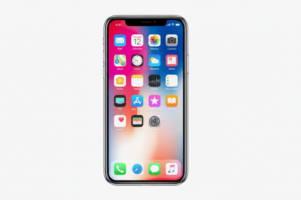 An iPhone X displaying its home screen with various app icons, set against a clean , light grey background , professionally presented .
