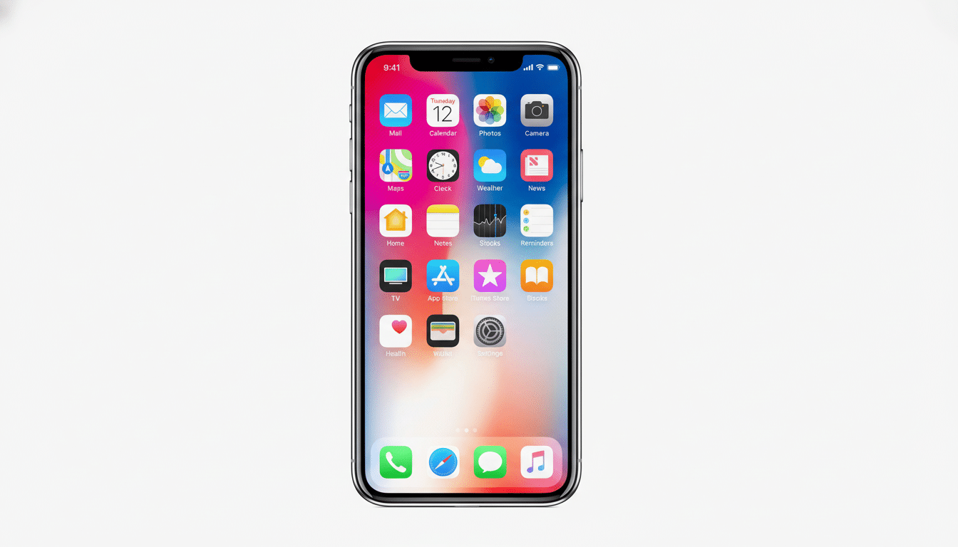 An iPhone X displaying its home screen with various app icons, set against a clean , light grey background , professionally presented .