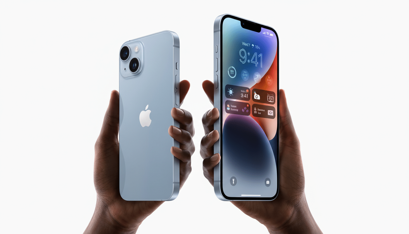 A pair of hands holding two light blue iPhones, one showing the back with the Apple logo, and the other displaying the lock screen with widgets.