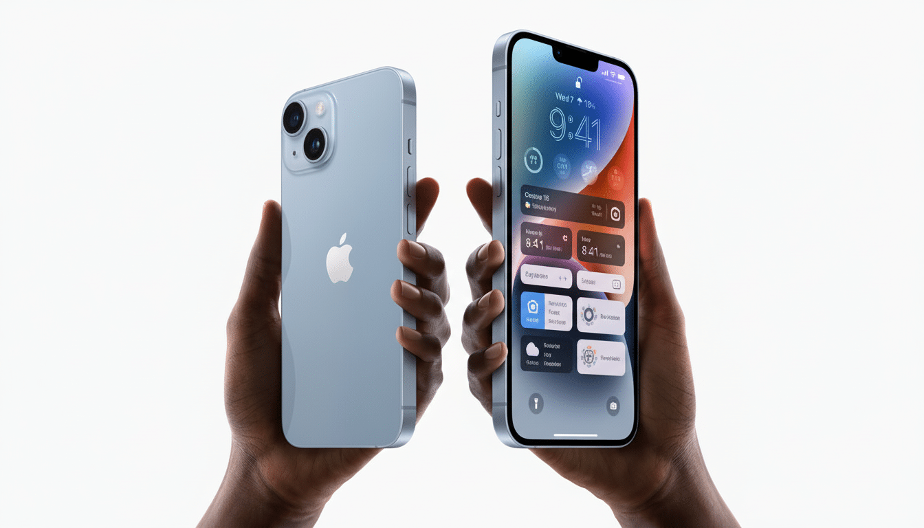 A pair of hands holding two light blue iPhones, one showing the back with an Apple logo, and the other displaying the lock screen with widgets.