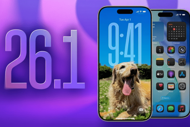An image featuring a stylized 26.1 in large , purple - gradient numbers on the left, next to two iPhones displayed on the right. The first iPhone shows a lock screen with a golden retriever dog and the time 9:41 and date Tue Apr 1 . The second iPhone displays a home screen with various app icons, including a calendar widget showing April . The background is a gradient purple .