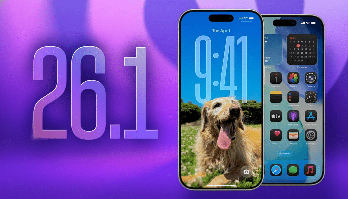 An image featuring a stylized 26.1 in large , purple - gradient numbers on the left, next to two iPhones displayed on the right. The first iPhone shows a lock screen with a golden retriever dog and the time 9:41 and date Tue Apr 1 . The second iPhone displays a home screen with various app icons, including a calendar widget showing April . The background is a gradient purple .
