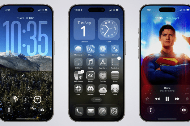 Three iPhone screens are displayed side by side, each showcasing a different interface. The leftmost screen shows a lock screen with a snowy mountain