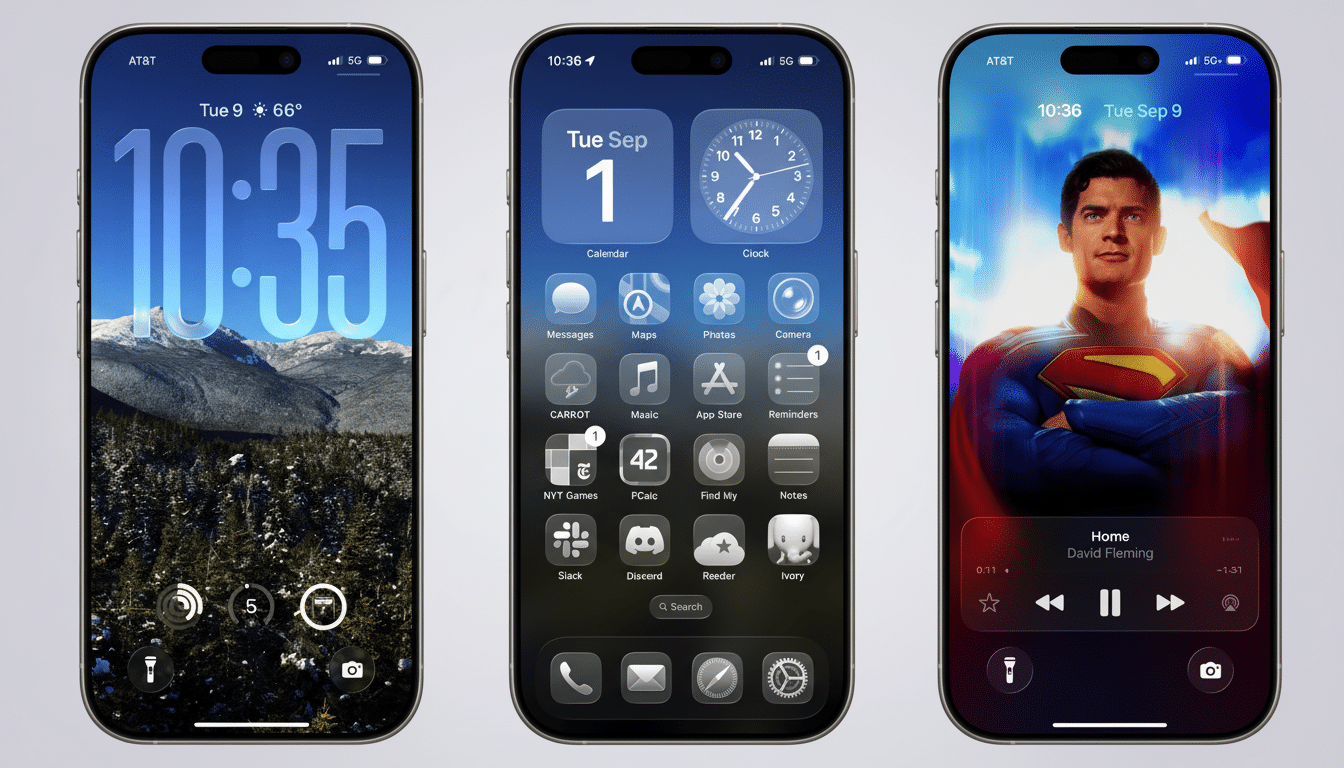 Three iPhone screens are displayed side by side, each showcasing a different interface. The leftmost screen shows a lock screen with a snowy mountain