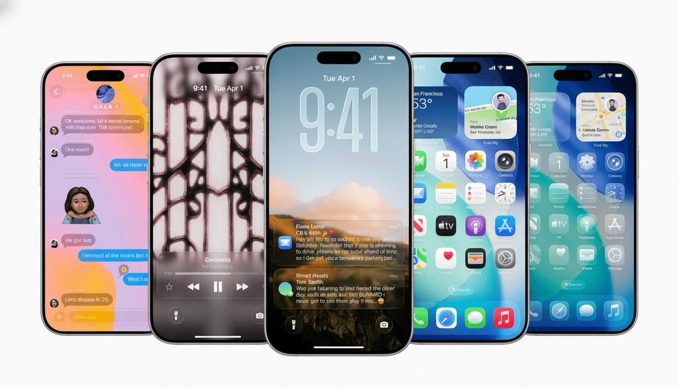 Five iPhones in a row displaying different screens and apps on a white background.