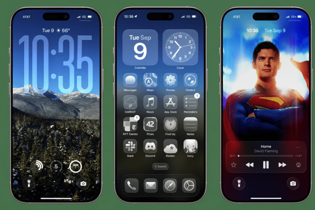 A 16: 9 aspect ratio image featuring three iPhone screens side - by-side. The left screen shows a lock screen with a mountain landscape and large digi
