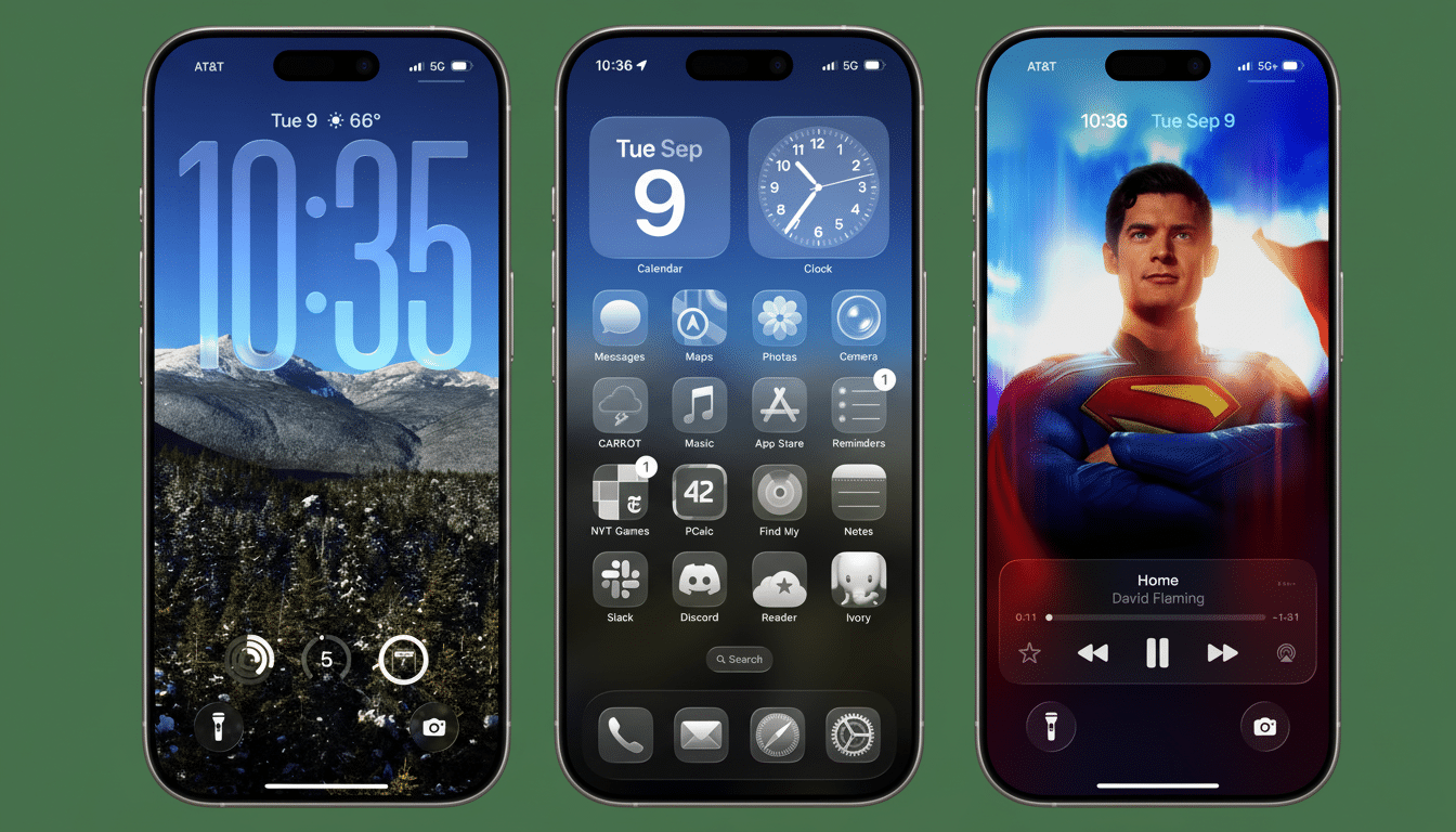 A 16: 9 aspect ratio image featuring three iPhone screens side - by-side. The left screen shows a lock screen with a mountain landscape and large digi